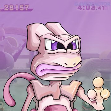 The image features a cartoon character, likely from the arcade game "Pepe", with a pink face and arms. The character appears to be holding an object, possibly a trophy or a prize, as if they have just won something. The background of the image is purple, which complements the pink color of the character's face. There are also some text elements in the image that read "Absolutely love the Arcade Pepe Collection Just scooped PepoTwo aka MewTwo And I've been holding PepeChu since reveal Very cool collection only 101 pieces... All nostalgic video game characters in Pepe form Great group chat of holders too".