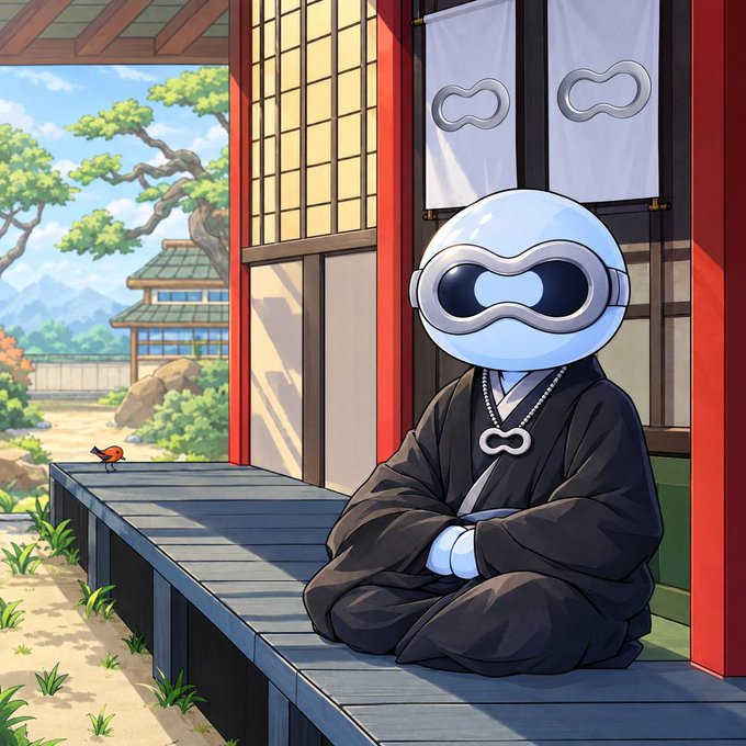 An anime-style illustration of a white robot with a black face visor wearing a traditional black monk's robe, sitting cross-legged on a wooden veranda with a Japanese temple and garden in the background.