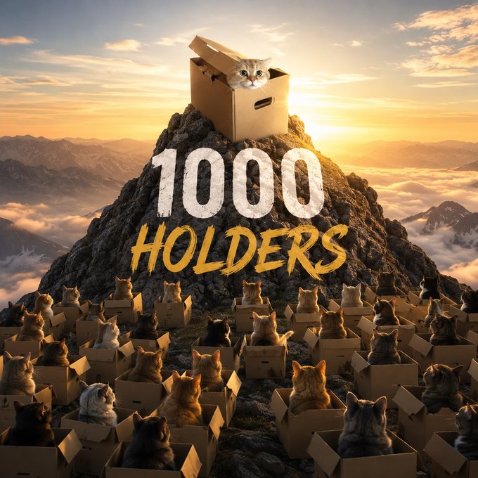 A single cat sits triumphantly atop a mountain in a cardboard box, while a crowd of fellow felines sits in boxes below, with bold text reading "1000 HOLDERS" overlaying the scene. The image playfully ties into the post's $BOXED token promotion by visually celebrating the milestone of reaching 1,000 holders, using the universal "cats love boxes" meme as a whimsical mascot for the project.