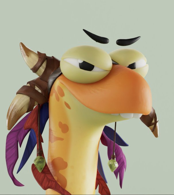 A stylized 3D-rendered character with a yellow-orange snout, half-lidded eyes, and dark eyebrows appears unimpressed, adorned with bone, leather, and feather accessories. The image ties to the celebratory $HEEBOO Day post by giving the crypto token a memorable mascot face.