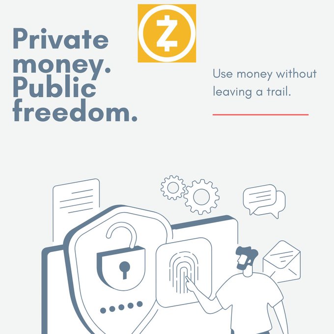 Zcash (ZEC) cryptocurrency promotional graphic with text 'Private money. Public freedom.' and 'Use money without leaving a trail.' featuring illustrations of a safe, fingerprint scanner, and a person.