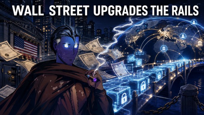 A digital illustration with the headline 'WALL STREET UPGRADES THE RAILS' depicting a glowing-eyed character holding cash next to a bridge of glowing blue blockchain cubes spanning a globe.