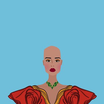 An illustrated portrait of a bald woman with bold red lipstick and a green gem necklace, wearing a red off-shoulder top against a blue background.