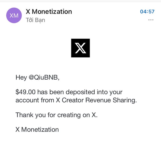A screenshot of an X Monetization notification addressed to @QiuBNB stating that '$49.00 has been deposited into your account from X Creator Revenue Sharing. Thank you for creating on X.'