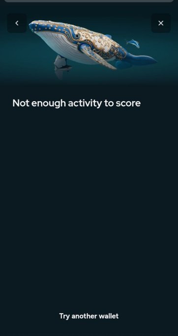 A mobile app screen showing an ornate blue and gold whale design with the message 'Not enough activity to score' and a 'Try another wallet' button at the bottom.
