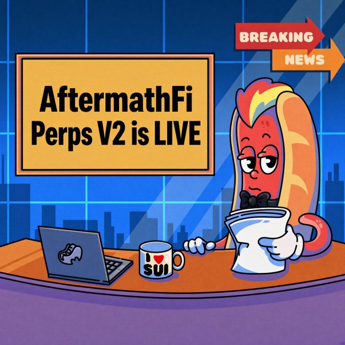 A cartoon news graphic announcing "BREAKING NEWS: AftermathFi Perps V2 is LIVE" featuring a hotdog character in a bowtie reading news next to a laptop and an "I love SUI" mug.