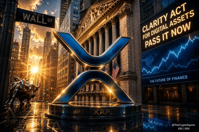 A glowing XRP sculpture stands prominently on a rain-slicked Wall Street, framed by the iconic "Wall St" sign, a bronze bull, and a digital billboard reading "CLARITY ACT FOR DIGITAL ASSETS PASS IT NOW — THE FUTURE OF FINANCE," symbolizing the crypto industry's push for regulatory approval and its readiness for the next era of finance.
