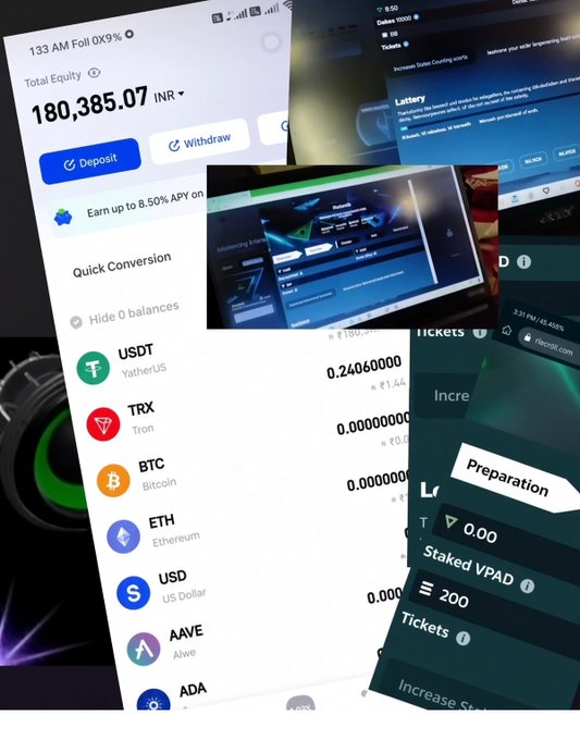 A collage of mobile app screenshots displaying cryptocurrency wallet interfaces, showing a total equity of 180,385.07 INR, with visible tokens including USDT (TetherUS), TRX (Tron), BTC (Bitcoin), ETH (Ethereum), USD (US Dollar), AAVE, and ADA, alongside deposit/withdraw options and staking information for VPAD.