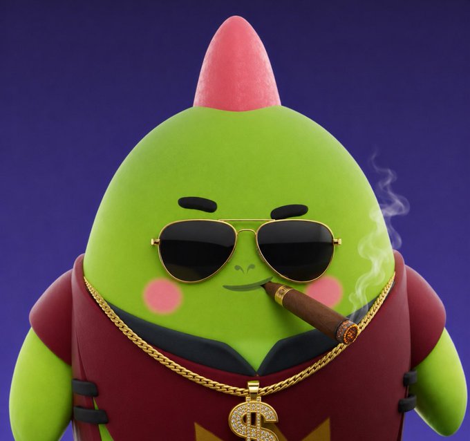 The image features a green, spiky creature wearing sunglasses and holding a cigar. The creature has a name tag that reads "@Sleepagotchi" and seems to be part of a larger project or team. The post appears to be about the creator of this character, who is now known as @TGE Excited to see where their journey leads.