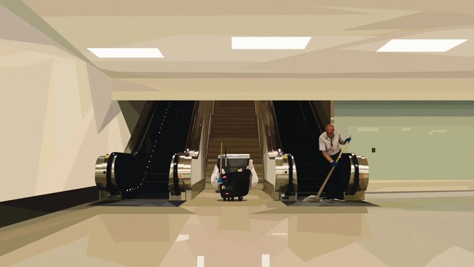An illustration of a maintenance worker mopping the floor next to two escalators, while another person operates a floor cleaning machine.