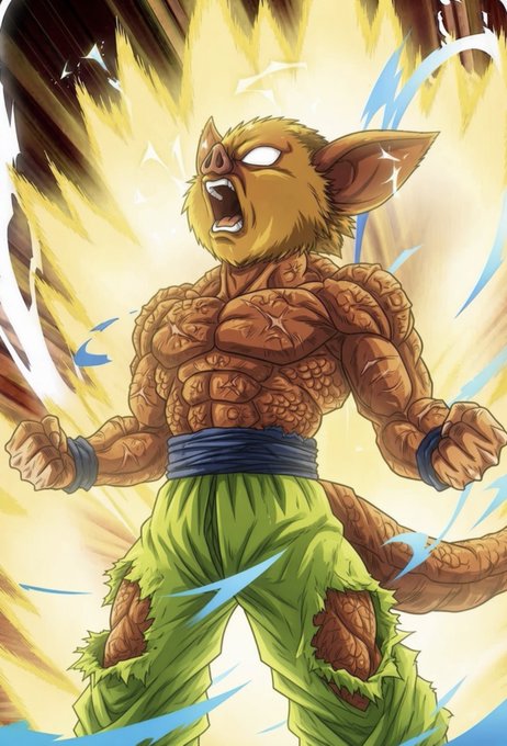 An anime-style illustration of a muscular, anthropomorphic bat creature with glowing white eyes, wearing green pants, screaming with fists clenched against a yellow energy background.