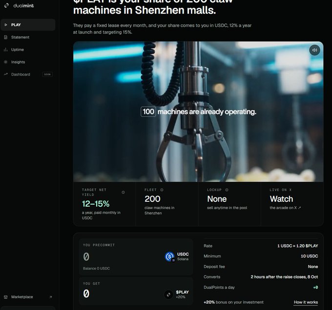 A webpage showing the dualmint investment platform offering a share of 200 claw machines in Shenzhen malls, with a target net yield of 12-15% and details about USDC and $PLAY tokens.