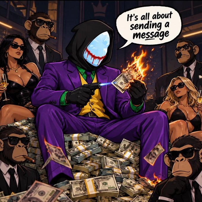 Cartoon-style illustration of a masked villain in a purple suit sitting on piles of cash surrounded by women and monkeys in suits, holding a gun to burning money, with a speech bubble reading 'It's all about sending a message.'