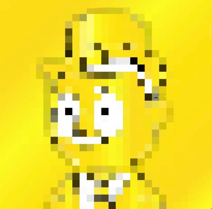 A highly pixelated, yellow-toned digital portrait of a smiling face wearing large white headphones.