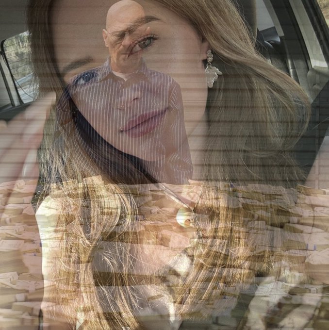 A surreal composite image featuring a young woman's face overlaid with reflections and multiple exposures, including a person in a striped shirt and the head of a bald man superimposed near her forehead.