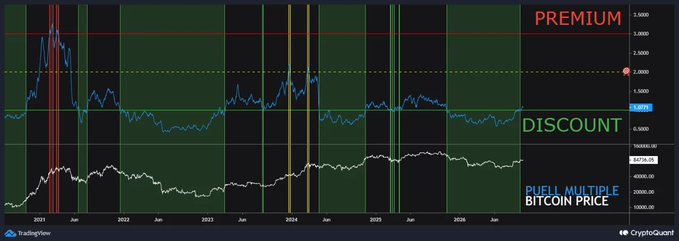 A TradingView chart titled 'PUEL MULTIPLE BITCOIN PRICE' shows blue and white price lines against horizontal bands labeled 'PREMIUM' and 'DISCOUNT' from 2021 to 2026.