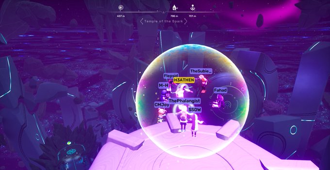 A video game scene in 'Temple of the Sparks' showing a group of player characters gathered inside a glowing protective bubble.