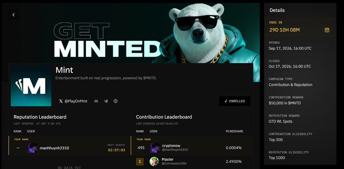 A web page for a campaign titled 'GET MINTED' featuring a polar bear mascot wearing sunglasses and a teal jacket, with details showing 'ENDS IN 29D 10H 08M' and a contribution reward of 'GTD WL Spots'.
