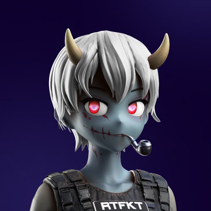 A 3D rendered character with grayish-blue skin, white hair, horns, red glowing eyes, and a pipe in its mouth, wearing a tactical vest with 'RTFKT' printed on it.