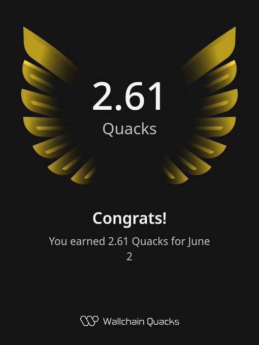 The image features a poster with a gold bird's wing design, which has the number 2.61 printed below it. The text "concludes!" indicates that the user has completed a task or achieved something, while the phrase "Good Night Brothers Love" suggests that someone else is celebrating their accomplishment as well. The post mentions that the user has earned 2.61 Quacks for June and is being rewarded with 2.61 Quacks in return.