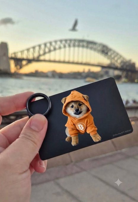A hand holds up a black keychain card featuring a Shiba Inu dog wearing an orange Bitcoin hoodie, with the Sydney Harbour Bridge visible in the blurred sunset background. Small text notes "Shiba and BTC forever".