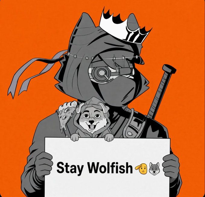 A stylized illustration of a character in a black hood and crown holding a dog, both against an orange background, with the character holding a sign that reads 'Stay Wolfish'.
