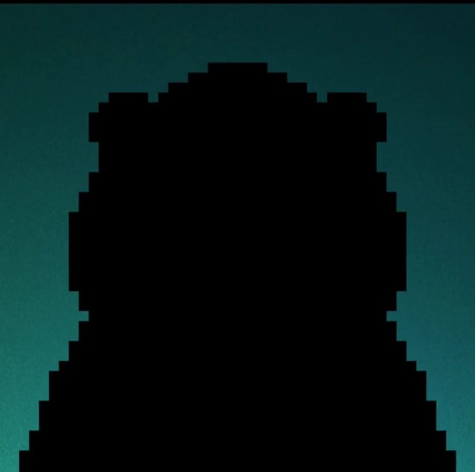 A dark silhouette of a pixelated, arched doorway or portal is set against a dark teal background.