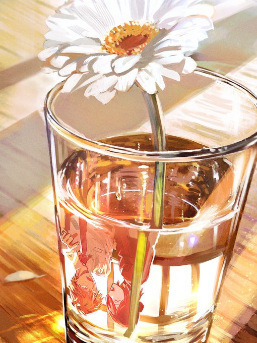 An anime-style illustration shows a white daisy flower placed in a glass of water with anime characters visible through the amber-tinted glass, set against a wooden surface.