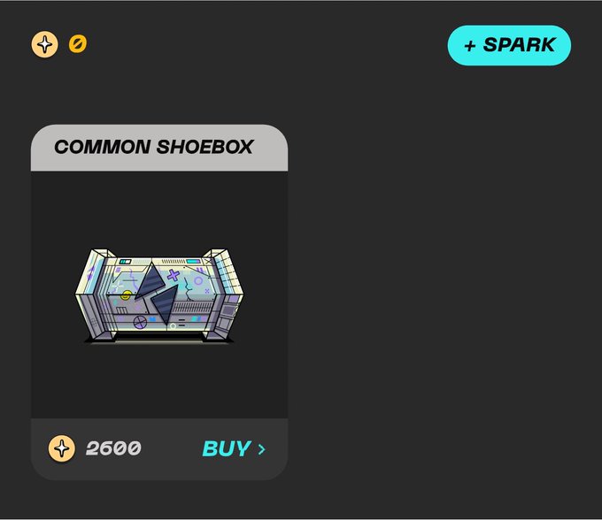 A digital store interface displays a "COMMON SHOEBOX" item available for purchase at 2600 in-game currency, featuring a futuristic silver case icon.
