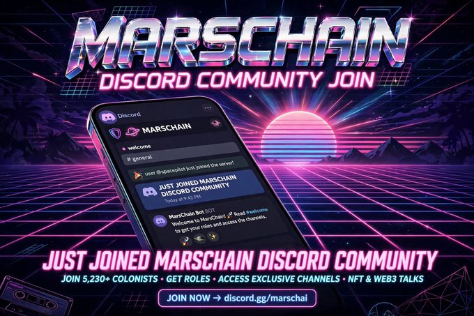 A retro-futuristic promotional graphic in neon purple and pink hues advertises the MarsChain Discord community, displaying a smartphone showing chat channels like "#welcome" and "#general," and messaging that "user @spaceLion just joined the server!" The image highlights "JUST JOINED MARSCHAIN DISCORD COMMUNITY" with 5,230+ colonists, NFT & Web3 talks, and a call to join at discord.gg/marschai, visually reinforcing MarsChain's emphasis on building an engaged Web3 community around its public-chain infrastructure.