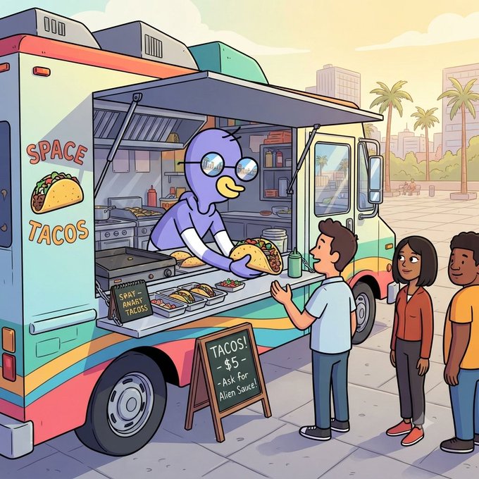 A cartoon scene of a 'SPACE TACOS' food truck run by a purple alien character, with a sign reading 'TACOS! - $5 - Ask for Alien Sauce!' as customers order food.
