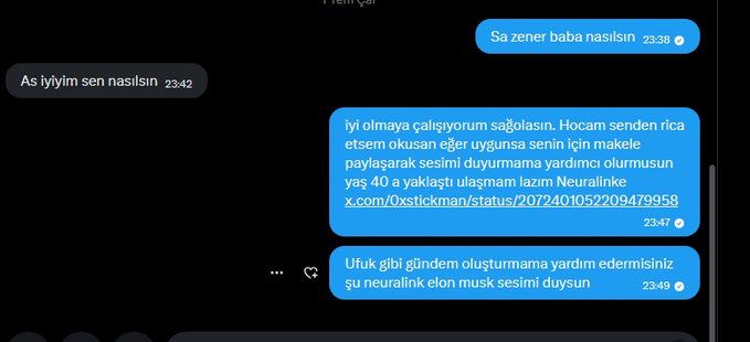 A conversation on a messaging app shows someone asking for help sharing content about Neuralink and Elon Musk, with the recipient replying they're "doing well." The post "eyw kanka" means "goodbye friend" or "see you later friend" in Turkish, which relates to the closing of a conversation.