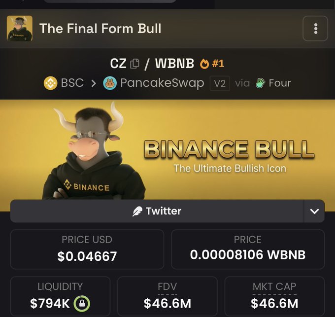 The image displays a crypto token tracker page for "The Final Form Bull" (ticker: $BINANCE BULL), a meme token on BSC via PancakeSwap V2 with a current price of $0.04667 and a market cap of $46.6M. This relates to the post about $CZ hitting $50M, as the token's market cap is shown approaching that milestone at $46.6M.