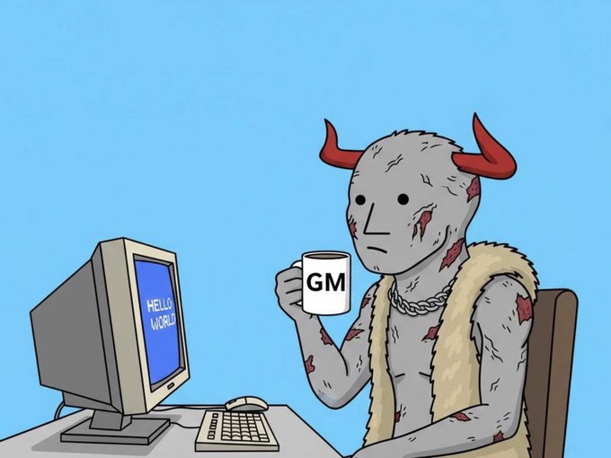 A cartoon illustration depicts a gray-skinned horned figure with red markings holding a mug labeled 'GM' while looking at an old CRT monitor displaying 'HELLO WORLD'.