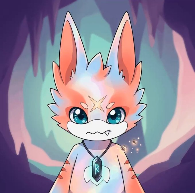 A digital illustration of a cute anthropomorphic fox-like character with large blue eyes, pink and white fur, and a runic pendant, standing inside a cave with stalactites.