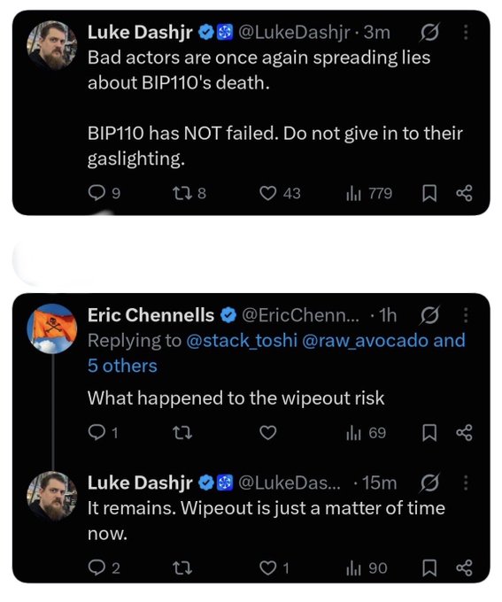 Two tweets from Luke Dashjr (@LukeDashjr) stating 'BIP110 has NOT failed' and responding to Eric Chennells that 'Wipeout is just a matter of time now' regarding BIP110.