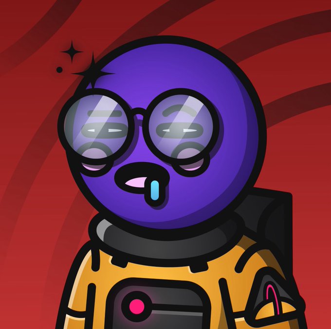 A cartoon illustration of a purple alien character wearing glasses and a yellow space suit, with a small tear under its eye, set against a dark red, swirling background.