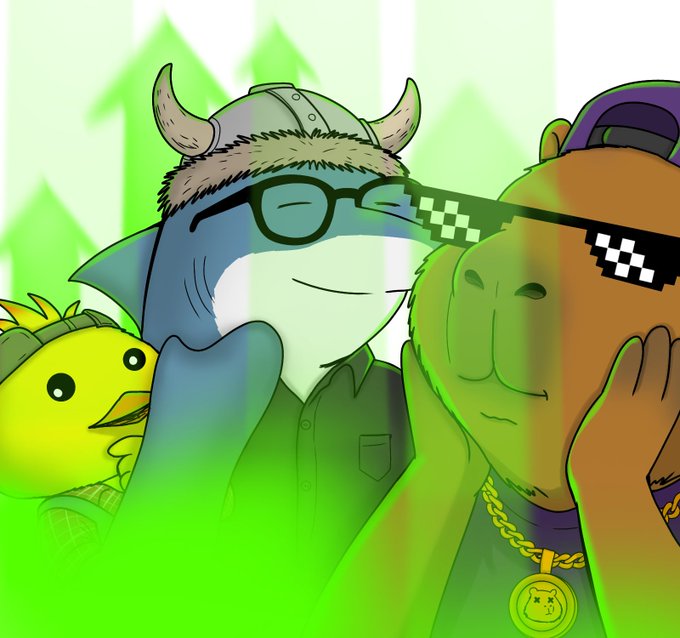 An illustrated image featuring a shark wearing a Viking horned helmet and 'thug life' sunglasses, alongside a bear character also wearing pixelated sunglasses and a gold chain, with green upward arrows in the background.