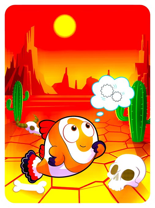 A colorful cartoon illustration of a clownfish in a desert landscape with cacti, a skull, bones, and a thought bubble, set under a red sky.