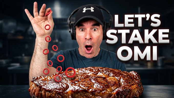 A YouTube thumbnail showing a shocked man in a black Under Armour cap and headphones, with the text "LET'S STAKE OMI" next to a large cut of meat and red circles.