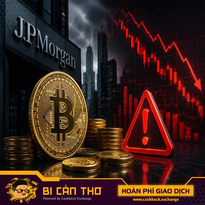 A promotional graphic featuring Bitcoin coins, a JPMorgan building, a red warning triangle, and a falling stock chart, with text reading 'BÌ CÂN THƠ' and 'HOÀN PHÍ GIAO DỊCH' and 'www.cashback.exchange'.