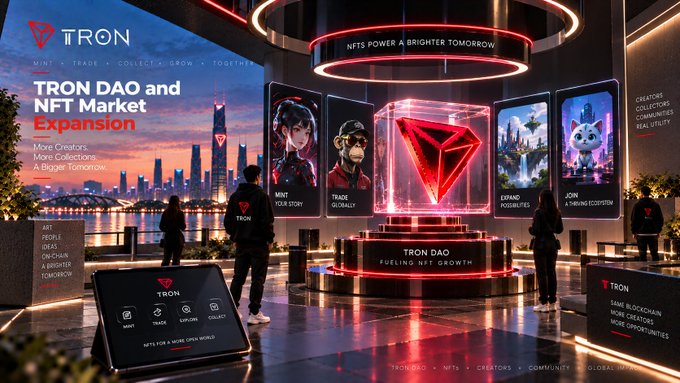 A promotional banner for TRON DAO's 'TRON DAO and NFT Market Expansion' featuring the tagline 'NFTS POWER A BRIGHTER TOMORROW' and highlighting more creators, collections, and utility within a futuristic, neon-lit showroom displaying NFT collections.