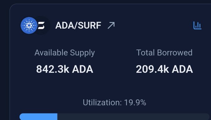 Cryptocurrency lending dashboard showing ADA/SURF pool with 842.3k ADA available supply, 209.4k ADA total borrowed, and 19.9% utilization.