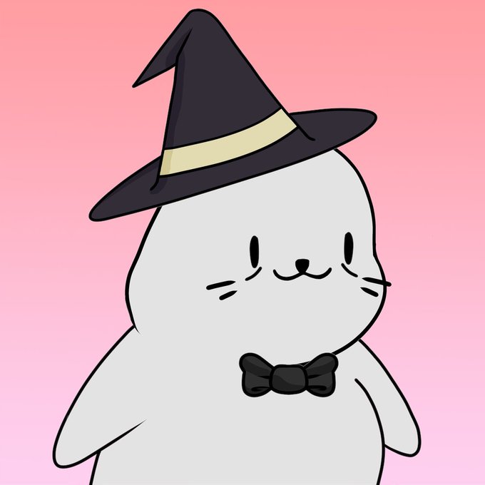 A cute cartoon illustration of a white seal-like creature wearing a black witch hat with a yellow band and a small black bow tie on a pink background.