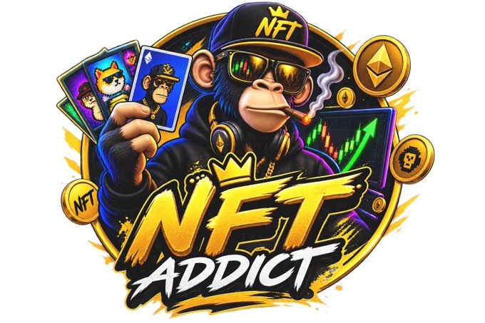 A colorful cartoon logo featuring a monkey smoking a cigar wearing an 'NFT' cap and sunglasses, holding NFT cards, with bold 'NFT ADDICT' text.