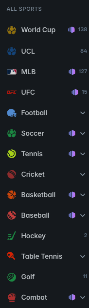 The image shows a dark-themed menu listing various sports categories on what appears to be the Polymarket platform, including World Cup (138), UCL (84), MLB (127), UFC (15), Football, Soccer, Tennis, Cricket, Basketball, Baseball, Hockey, Table Tennis, Golf (11), and Combat. The post highlights that combo bets are now available beyond just World Cup events, allowing users to mix multiple sports—directly supported by the diverse range of sports categories shown in the menu.