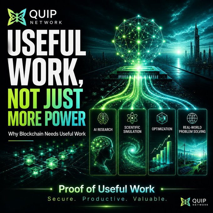 A QUIP Network promotional graphic reading 'USEFUL WORK, NOT JUST MORE POWER' and 'Why Blockchain Needs Useful Work,' highlighting Proof of Useful Work in categories like AI Research, Scientific Simulation, Optimization, and Real-World Problem Solving.