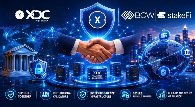 The image features a poster for an event called "XDC Network" with a blue background and white text. The poster includes various logos such as a building, a globe, and a handshake between two people. It also displays information about the event, including details like the date, time, location, and the names of some speakers or presenters. Additionally, there are mentions of "XDC Network" and "BCW_llc", which could be related to the event's theme or participants. The poster emphasizes the importance of joining this network for long-term growth in the industry, as it adds more than just infrastructure—it also adds institutional confidence through its validation system.