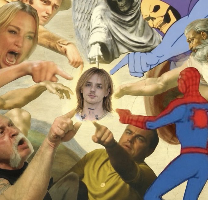A collage-style image featuring a young man with long blonde hair in the center, surrounded by various classical art figures and pop culture characters including Spider-Man all pointing at him.