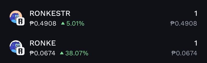 A cryptocurrency or stock listing screen showing two tokens: 'RONKESTR' priced at ₱0.4908 (up 5.01%) and 'RONKE' priced at ₱0.0674 (up 38.07%), each with quantity 1.